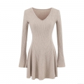 Women's V-Neck Long Sleeve Knitted Mini Dress Elegant Slim Fit Ribbed Flare Sleeve A-Line Party Dress For Ladies Rayon Polyester Blend
