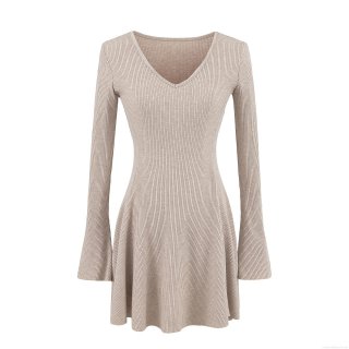 Women's V-Neck Long Sleeve Knitted Mini Dress Elegant Slim Fit Ribbed Flare Sleeve A-Line Party Dress For Ladies Rayon Polyester Blend