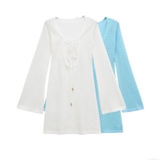 Women's Mercerized Cotton Hollow Out Crochet Mini Dress Sexy V-Neck Tie Front Bell Sleeve Beach Bikini Cover-Up For Vacation