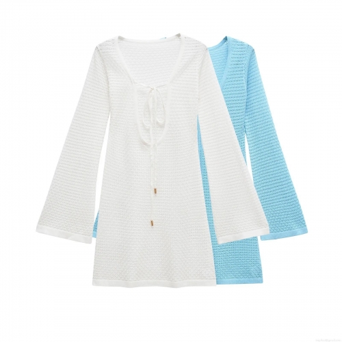 Women's Mercerized Cotton Hollow Out Crochet Mini Dress Sexy V-Neck Tie Front Bell Sleeve Beach Bikini Cover-Up For Vacation