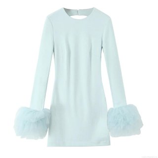 Elegant Women's V-Neck Backless Mini Dress With Puff Mesh Ruffle Cuffs Sexy Solid Color Polyester Evening Party Club Dress