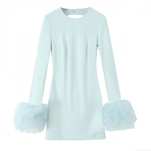 Elegant Women's V-Neck Backless Mini Dress With Puff Mesh Ruffle Cuffs Sexy Solid Color Polyester Evening Party Club Dress