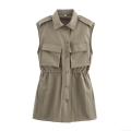 Women's Utility Sleeveless Dress Khaki Washed Twill Cargo Mini Dress with Pockets Single Breasted Shirt Collar Casual Summer Vest Dress for Women