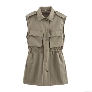Women's Utility Sleeveless Dress Khaki Washed Twill Cargo Mini Dress with Pockets Single Breasted Shirt Collar Casual Summer Vest Dress for Women