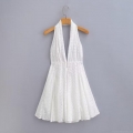 Women White Hollow Out Embroidery Halter Neck Dress Elegant Deep V Backless Mini Dress For Summer Beach Vacation Sleeveless Polyester Lace Dress