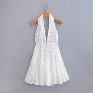 Women White Hollow Out Embroidery Halter Neck Dress Elegant Deep V Backless Mini Dress For Summer Beach Vacation Sleeveless Polyester Lace Dress