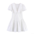 Women Elegant Peter Pan Collar Lace Mini Dress Short Sleeve Puff Sleeve Polyester Poplin V-Neck White Pleated A-Line Dress For Summer Dating