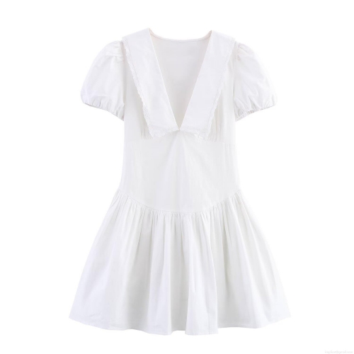 Women Elegant Peter Pan Collar Lace Mini Dress Short Sleeve Puff Sleeve Polyester Poplin V-Neck White Pleated A-Line Dress For Summer Dating