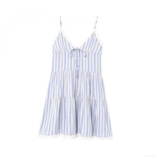 Women's V-Neck Camisole Dress Blue White Vertical Striped Lace Trim Tiered Mini Dress Summer Sleeveless Backless A-Line Party Sundress For Women