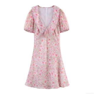Women's Pink Floral Print Mini Dress Elegant V-Neck Peter Pan Collar Puff Short Sleeve A-Line Chiffon Summer Beach Party Dress For Women