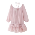 Women Pink Ruffle Mini Dress Elegant 3D Flower Pleated Texture See-through Chiffon Off Shoulder Long Sleeve Party Dress