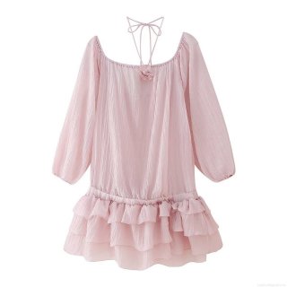 Women Pink Ruffle Mini Dress Elegant 3D Flower Pleated Texture See-through Chiffon Off Shoulder Long Sleeve Party Dress