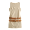 Women's Sleeveless Mini Dress with Double Brown Leather Belts Elegant Minimalist Office Bodycon Dress Solid Color Polyester Crew Neck Summer Fashion