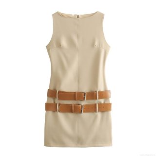 Women's Sleeveless Mini Dress with Double Brown Leather Belts Elegant Minimalist Office Bodycon Dress Solid Color Polyester Crew Neck Summer Fashion