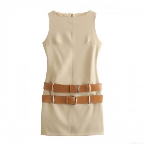 Women's Sleeveless Mini Dress with Double Brown Leather Belts Elegant Minimalist Office Bodycon Dress Solid Color Polyester Crew Neck Summer Fashion