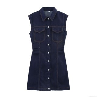 Women's Dark Blue Sleeveless Denim Mini Dress Elegant Slim Fit Contrast Stitching Button Down Pleated Jean Dress For Casual Party