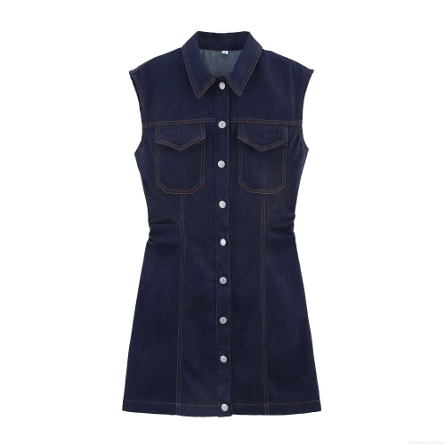 Women's Dark Blue Sleeveless Denim Mini Dress Elegant Slim Fit Contrast Stitching Button Down Pleated Jean Dress For Casual Party