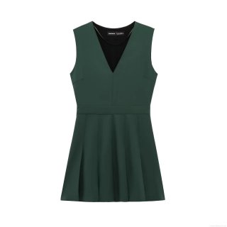 Women's Elegant Sleeveless V-Neck Pleated Mini Dress Solid Color Waist Cinching Polyester Short Dress For Party Evening Clubwear