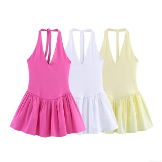 Sexy Halter Neck Deep V Mini Dress Polyester Knitted Pleated Ruffle Sleeveless Backless Sundress For Women Party Clubwear Elegant Solid Color Casual Summer Outfit