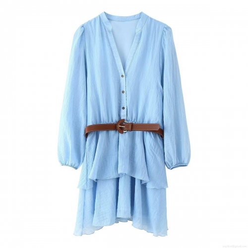 Women's Elegant V-Neck Long Sleeve Tiered Mini Dress With Brown Leather Belt Solid Color Ruffle Layered Crepe Dress For Daily Party Dating
