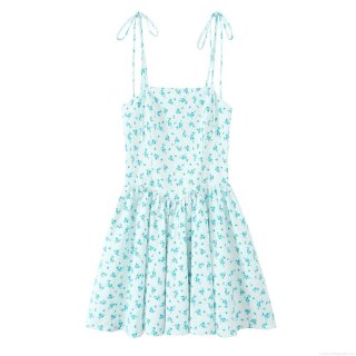 Women Floral Print Camisole Mini Dress Elegant Tie Shoulder Sleeveless Square Neck Polyester A-Line Sweet Sundress For Summer Vacation