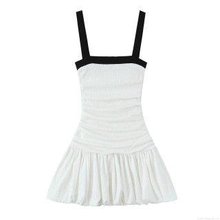 Women's Elegant Contrast Color Smocked Strap Mini Dress Square Neck Sleeveless Pleated Patchwork Bubble Hem Short Dress For Party Dating Summer