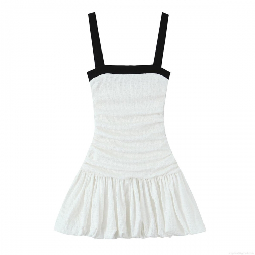 Women's Elegant Contrast Color Smocked Strap Mini Dress Square Neck Sleeveless Pleated Patchwork Bubble Hem Short Dress For Party Dating Summer