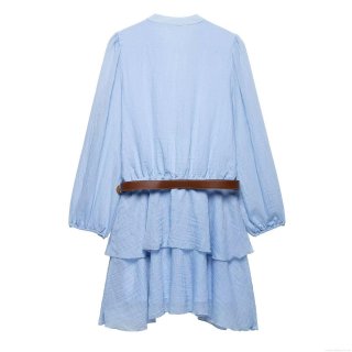 Women's V-Neck Long Sleeve Mini Dress Polyester Pleated Texture Layered Ruffle Hem Tiered Cake Dress With Brown Belt For Party Dating Chic Lady