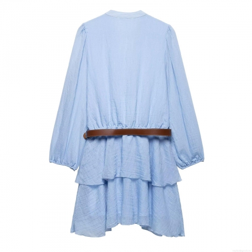 Women's V-Neck Long Sleeve Mini Dress Polyester Pleated Texture Layered Ruffle Hem Tiered Cake Dress With Brown Belt For Party Dating Chic Lady