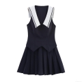 Japanese JK School Uniform Sleeveless Mini Dress Polyester Sailor Collar Pleated Skirt Navy Blue White Dress For Women Teen Girls School Daily Party Style