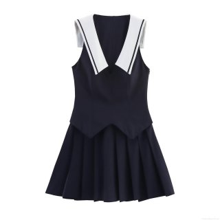 Japanese JK School Uniform Sleeveless Mini Dress Polyester Sailor Collar Pleated Skirt Navy Blue White Dress For Women Teen Girls School Daily Party Style