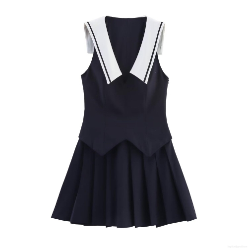 Japanese JK School Uniform Sleeveless Mini Dress Polyester Sailor Collar Pleated Skirt Navy Blue White Dress For Women Teen Girls School Daily Party Style