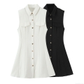 Women Elegant Sleeveless Shirt Mini Dress Solid Color Lapel Collar Button Down Dress with Pockets A-Line Casual Party Dress
