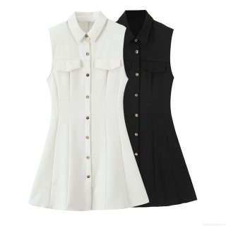 Women Elegant Sleeveless Shirt Mini Dress Solid Color Lapel Collar Button Down Dress with Pockets A-Line Casual Party Dress