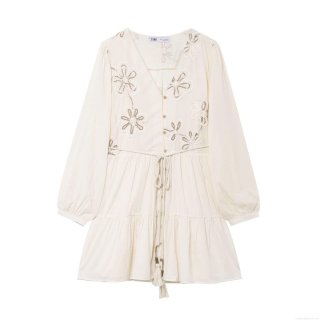 Elegant V-Neck Embroidered Long Sleeve Mini Dress For Women Bohemian Tiered Ruffle Hem Cotton Polyester Blend Dress With Wooden Buttons And Tassel Belt