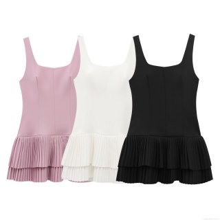 Women's Elegant Square Neck Sleeveless Pleated Mini Dress Double Layer Solid Color A-Line Jumpsuit Style Dress For Summer Party Socialite