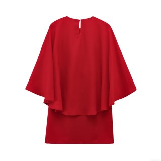 Women's French Elegant Red Cape Sleeve Mini Dress Fashion Solid Color Loose Round Neck Short Dress With Back Button Zipper Party Evening Clothing