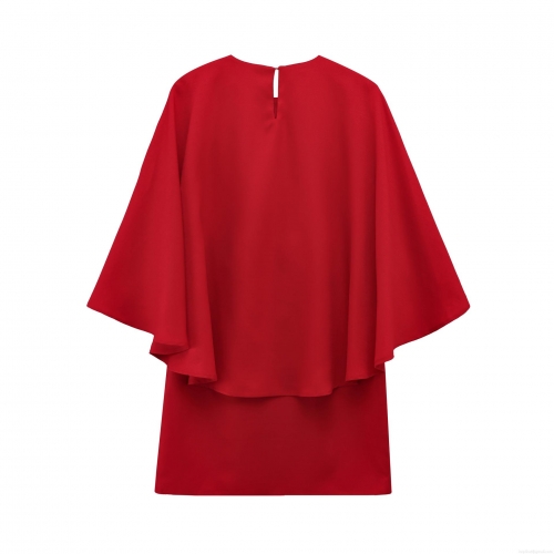 Women's French Elegant Red Cape Sleeve Mini Dress Fashion Solid Color Loose Round Neck Short Dress With Back Button Zipper Party Evening Clothing