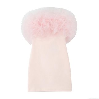 Women's Pink Tube Top Mesh Patchwork Dress Sleeveless Slim Fit Puffy Ruffled Mini Dress Elegant Sweet Party Evening Bodycon Dress for Formal Banquet Dating