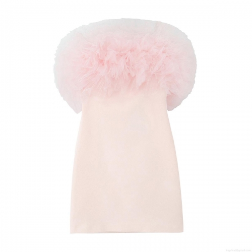 Women's Pink Tube Top Mesh Patchwork Dress Sleeveless Slim Fit Puffy Ruffled Mini Dress Elegant Sweet Party Evening Bodycon Dress for Formal Banquet Dating