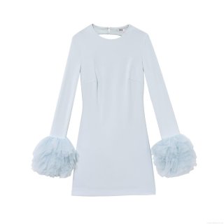 Elegant Light Blue Backless Mini Dress With Pleated Mesh Cuffs Long Sleeve Round Neck Polyester Socialite Style Party Clubwear For Women