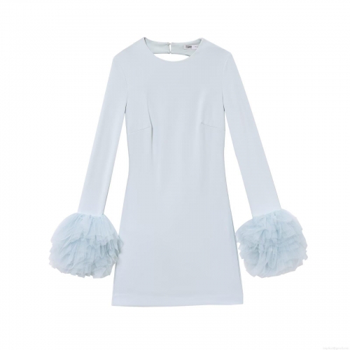 Elegant Light Blue Backless Mini Dress With Pleated Mesh Cuffs Long Sleeve Round Neck Polyester Socialite Style Party Clubwear For Women