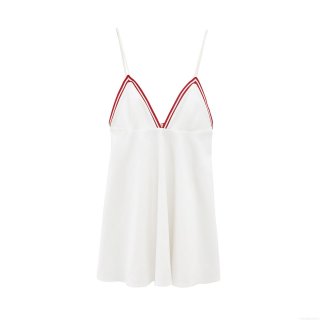 Women V Neck Contrast Color Sling Mini Dress Polyester Knitted Slim Fit A-Line Tennis Dress White Red Trim Summer Casual Sleeveless Sporty Short Dress