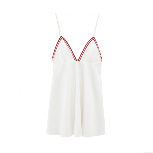 Women V Neck Contrast Color Sling Mini Dress Polyester Knitted Slim Fit A-Line Tennis Dress White Red Trim Summer Casual Sleeveless Sporty Short Dress