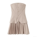 Women's Elegant Khaki Pinstripe Tube Patchwork Mini Pleated Dress Strapless Sleeveless Polyester Party Evening Clubwear For Ladies