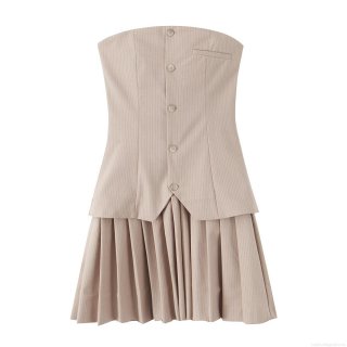 Women's Elegant Khaki Pinstripe Tube Patchwork Mini Pleated Dress Strapless Sleeveless Polyester Party Evening Clubwear For Ladies