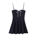 Women Sexy Black Mini Camisole Dress White Ruffle Trim Bow Tie Front Backless Polyester Contrast Color Bodycon Slim Fit Dress For Party Club Night Out