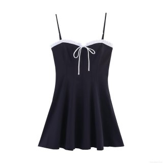 Women Sexy Black Mini Camisole Dress White Ruffle Trim Bow Tie Front Backless Polyester Contrast Color Bodycon Slim Fit Dress For Party Club Night Out