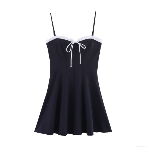 Women Sexy Black Mini Camisole Dress White Ruffle Trim Bow Tie Front Backless Polyester Contrast Color Bodycon Slim Fit Dress For Party Club Night Out
