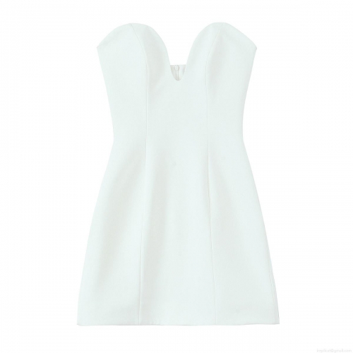 Elegant French Off-Shoulder White Mini Dress Heart-Shaped Low Neck Strapless Party Evening Bodycon Dress For Women Sexy Solid Color Polyester Sleeveless Dress
